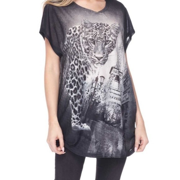 Black Tunic Top With Leopard/Eiffel Tower 3X - Picture 1 of 16